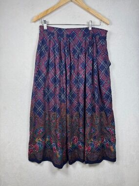 Vintage Susan Bristol Navy Plaid A-Line Skirt with Pink & Gold Accents 12